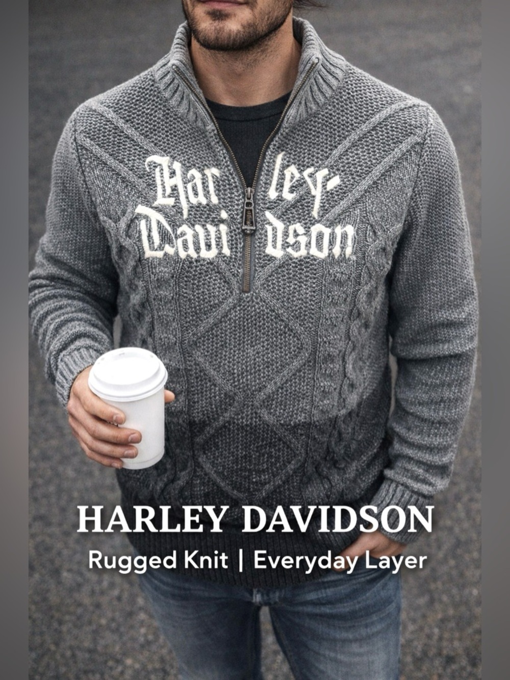 Harley Davidson Sweater Mens Medium Gray Quarter Zip Knit Logo Pullover